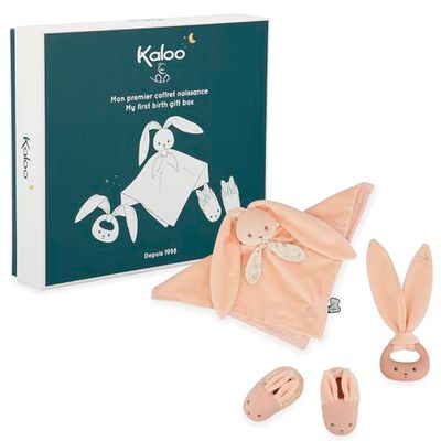 KALOO - Lapinoo - Coffret de Naissance - Couleur Peche - 3 Accessoires Bébé - Doudou + Anneau de Dentition Bébé + Chaussons 11 cm - Dès la Naissance, K218020