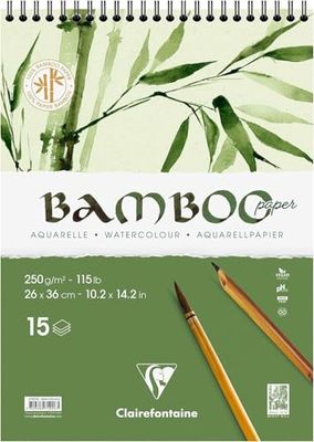 Clairefontaine 975926C - Bamboo Spiral Notebook Header - 15 Sheets 100% Natural White Watercolor Bamboo Paper 100% Vegan - Finely Marked Grain Professional Quality 26x36 cm 250g