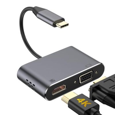 Adapter USB Type-C naar HDMI 4K en VGA-aansluiting, ideaal voor het aansluiten van apparaten op externe displays en presentaties.