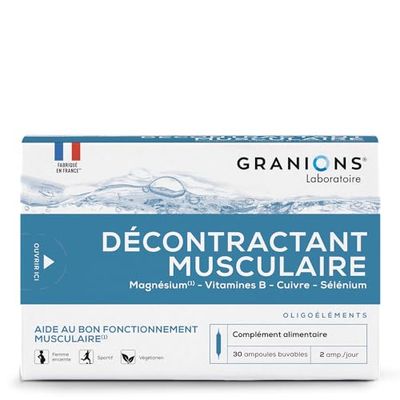 Décontractant Musculaire GRANIONS | Réduit les crampes, gênes, raideurs musculaires | Magnesium, Vitamine B, Cuivre, Selenium | Pour toute la famille | 30 ampoules | Fabriqué en France