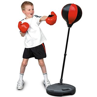 BAKAJI 8050534663228 Punching Ball för barn justerbar metallstav upp till 124 cm med mjuka tyghandskar, flerfärgad