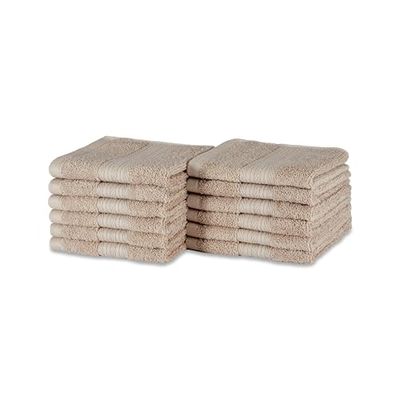 Amazon Basics Lot de 12 Gant de Toilette en Coton résistant à la décoloration, 30 x 30 cm, Taupe