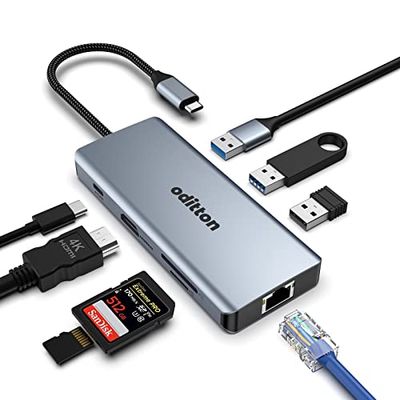 Oditton USB C Hub 8 in 1 docking station met 4K HDMI, 2 x USB-A 3.0, USB-A 2.0, Gigabit LAN, PD 100W, SD&TF, USB hub voor MacBook, iMac, ChromeBook in Mac OS of Windows