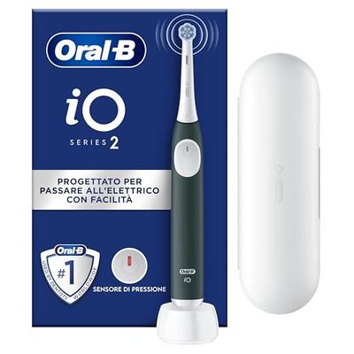 Oral-B iO 2 Spazzolino Elettrico Oral B, Verde, 1 Testina Di Ricambio, 1 Custodia Da Viaggio, Supporto per testine, Spazzolino, Delicato sulle Gengive, Efficace sulla placca, Sensore di Pressione