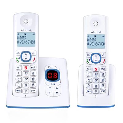 ALCATEL F530 Voice Duo - Téléphone Fixe Sans Fil DECT Avec Répondeur - Grand Écran Rétroéclairé - Mains Libres - Fonction Blocage Des Appels - 2 Touches De Mémoires Directes - 2 Combinés - Blanc/Bleu