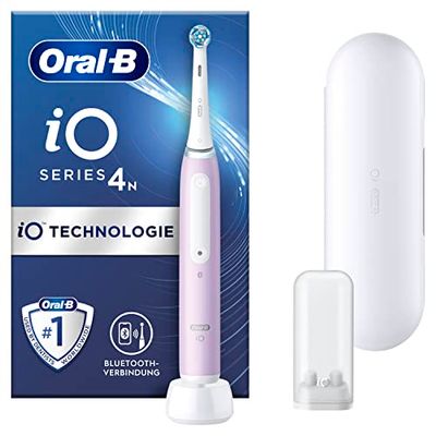 Oral-B iO Series 4 elektrische tandenborstel/elektrische tandenborstel, 4 poetsmodi voor tandverzorging, magneettechnologie, reisetui, cadeau voor man/vrouw, ontworpen door Braun, lavendel