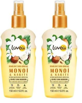 LOVEA - Démêlant Sans Rinçage - Monoï Et Karité - Démêle Sans Alourdir - Cheveux Secs & Abîmés - 98% D'Origine Naturelle - Sans Silicone - Vegan - Fabriqué En France - 150 ml (Lot de 2)