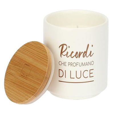 THUN - Candela "Ricordi che profumano di luce" - base: stoneware, tappo: legno - Collezione Candele - 125 g - Ø 6.5 cm, 8 cm h