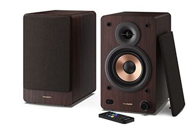 Sharp CP-SS30(BR) Altoparlanti attivi a 2 vie, custodia in legno da 60w RMS (2x30 W), Bluetooth v5.0, USB, ottico, ausiliario e RCA, regolazione bassi e alti, griglie rimovibili, telecomando.