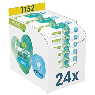 Pampers Harmonie Aqua chusteczki nawilżające, 24 opakowania, po 48 chusteczek nawilżanych – 1152 chusteczek, które pomagają przywrócić naturalne pH skóry, lekki balsam z 99% wody