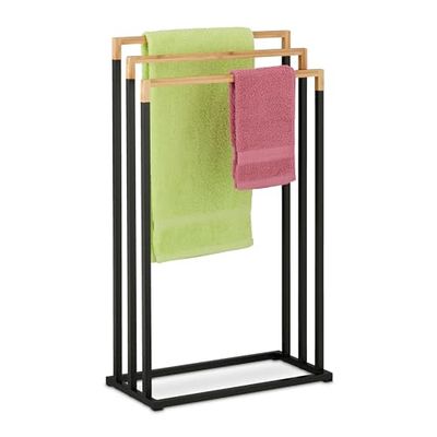 Relaxdays Piantana Portasciugamani in Bambù da Bagno 3 Bracci Appendi Asciugamani, HxLxP: 76x45x21,5 cm, Nero Naturale