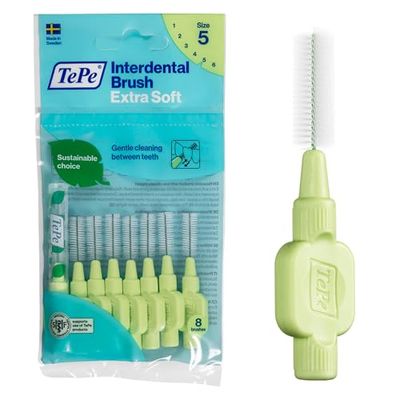 Escova interdental TePe, extra macia, verde, 0,8 mm/ISO 5, 8 unidades, remoção de placa, limpeza interdental eficaz, fio dental, para espaços apertados