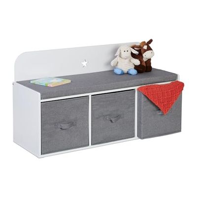 Relaxdays kinderbankje met opbergruimte, HxBxD: 54 x 99 x 35 cm, kinderkamer en hal, met zitkussen, halbank, wit/grijs