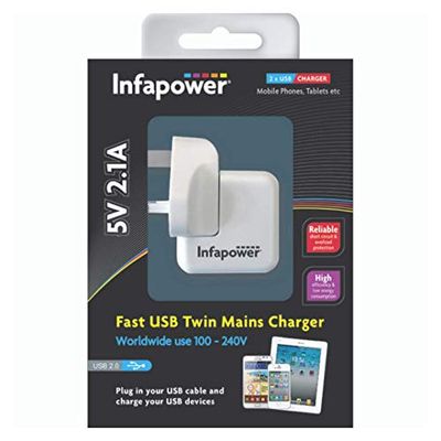 Infapower Caricatore Marca Modello 5V 2.1A Fast USB Twin Mains Charger