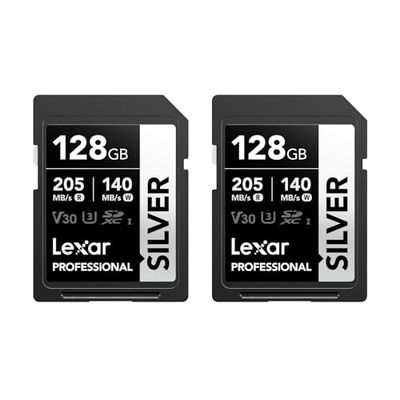 Lexar Silver Lot de 2 Cartes SD 128Go, UHS-I Carte SDXC Jusqu'à 205 Mo/s en Lecture, 140 Mo/s en écriture, V30, 4K UHD Video, U3, Classe 10, Carte Mémoire SDXC avec Lexar Lifetime Data Recovery