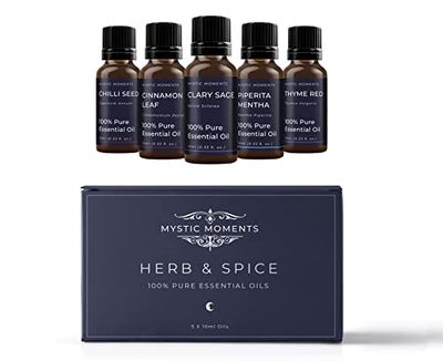 Mystic Moments | Herb & Spice Essential Oil Gift Starter Pack 5x10ml | Chilli Seed, Cinnamon Leaf, Clary Sage, Piperita Mentha, Thyme Red | Perfect as a Gift
