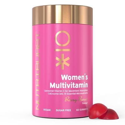 Nutriburst Women’s Multivitamin - Hormone Regulation & Support Collagen Formation - Contains 15 Micronutrients; B5, B6, B12, C, D - Vegan, Sugar Free Supplement - 60 Berry Gummies - 1 Month Supply