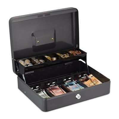 Relaxdays Caja de Dinero Llaves, 5 Compartimentos de Monedas y 4 de Billetes, Hierro, 8,5x30,5x24,5 cm, Gris