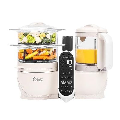 Babymoov Nutribaby(+), Robot Bebé Multifunciones 6 en 1, cocina al vapor, batidora. Ideal para cocinar en lote. Sin BPA, Garantía de por vida, Beige mineral