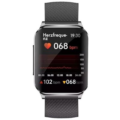 Knauermann Pro 2 Plus (2023) Plata – Reloj Inteligente de Salud – Sensores OSRAM – Caja torácica ECG + función HRV – Bluetooth BT – apnea del sueño – presión Arterial – Banda de Silicona Negra, 14 –