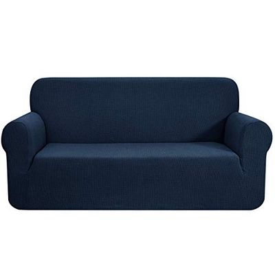 CHUN YI 1 Piece Jacquard Sofa Covers Stretch Fabric Settee cover Furniture Protector for Sofa, 3 Seater Sofa Slipcover for Living Room, Checks Durable Spandex Fabric (Sofa, Dark Blue)