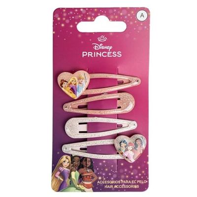 Disney Princess Glittered Hair Snap Clips for Girls, 2 Inch Metal Non-Slip Clips with Two Decorative Charms, Stylish Hair Accessories, 4 Hair Clips
