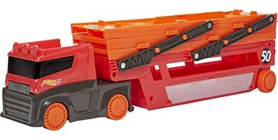 Hot Wheels Megatruck met ruimte voor maximaal 50 auto's (schaal 1:64), voor 3 jaar en ouder, met graphics van 50ste verjaardag Hot Wheels, GWT37