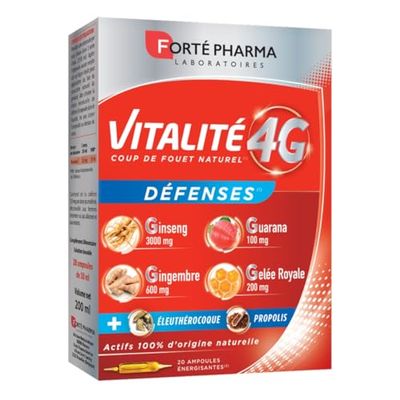 Forté Pharma - Vitalité 4G Défenses | Complément Alimentaire Energie et Défenses - Ginseng, Gingembre, Guarana et Gelée Royale | 20 ampoules