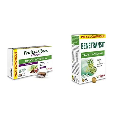 LABORATOIRES ORTIS - FRUITS & FIBRES REGULAR pack économique 45 cubes - Transit intestinal - Rhubarbe & LABORATOIRES ORTIS - BENETRANSIT pack économique 90 comprimés - Transit lent - Séné