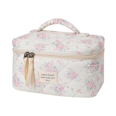 uekeboag Grande Trousse de Maquillage matelassée de Voyage pour Femme, Trousse de Maquillage en Coton à Motif Floral, Trousse de Toilette esthétique Florale, 07Pink Rose, Coton Floral