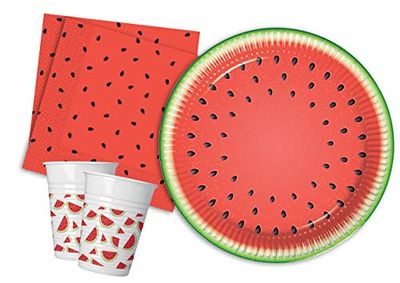 Kit Party Tavola Anguria Cocomero per 8 persone (36 pezzi: 8 piatti carta Ø23cm, 8 bicchieri plastica 200ml, 20 tovaglioli carta 33x33cm)