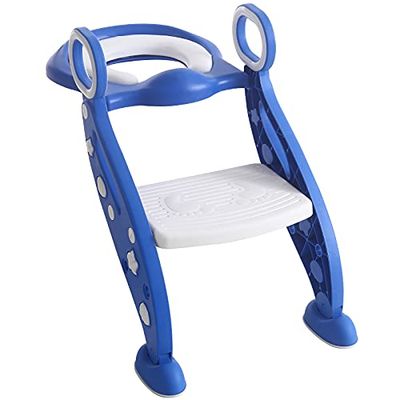 Rainberg Kids Potty Training Seat Adjustable Height Step Ladder for Boys and Girls | Bathroom Aid Toddler Training Seats Portable Design (White_Blue)