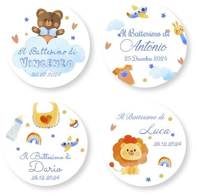 Set di 20 ADESIVI Tondi personalizzabili con testo a scelta per bomboniere e inviti. Ideali per Battesimo, Baby Shower, Nuova Nascita, Compleanno. Varie misure. AD001