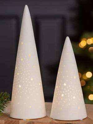 Verpakking van 3 decoratieve objecten (LED), kegel, ster motief, porselein, wit, PU 3, H. 23 cm, D. 10 cm
