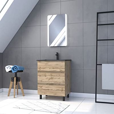 AURLANE - Lote de muebles SDB de 60 cm sobre patas 3 cajones Chene_Lavabo negro + espejo LED - Timber 60_Pack 14
