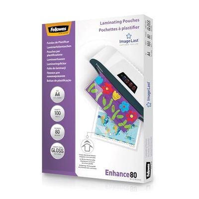 Fellowes A4 Laminating Pouches, Gloss, 160 Micron (2 x 80 Micron) with Image Last Directional Quality Mark, Pack of 100, Transparent
