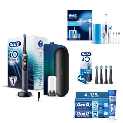 Oral-B Routine Dentaire, Brosse À Dents Électrique iO9 Noire, Jet Dentaire Oxyjet, Brossettes Ultimate Clean Noir x 4, Dentifrices ProExpert x 4