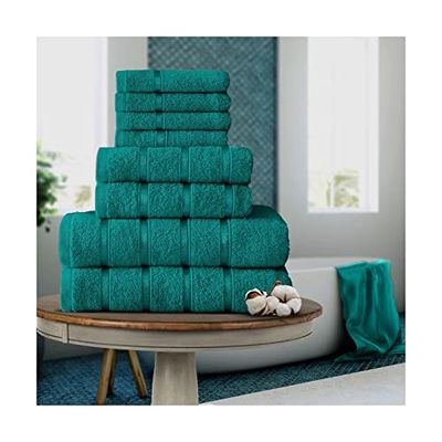FAIRWAYUK 8-delars handduksset för badrum, ultramjuk vattenabsorberande handduk av högsta kvalitet, 100% egyptisk bomull, 4 x ansikte 2 x hand 2 x badhanddukar, blågrön
