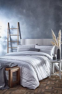 Appletree Loft - Sanya - Set copripiumino a punto croce e righe testurizzate, per letto singolo, colore argento