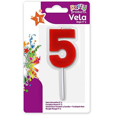 Party- Kaars verjaardag nummer 5, 5 x 3,5 cm, rood (68029)