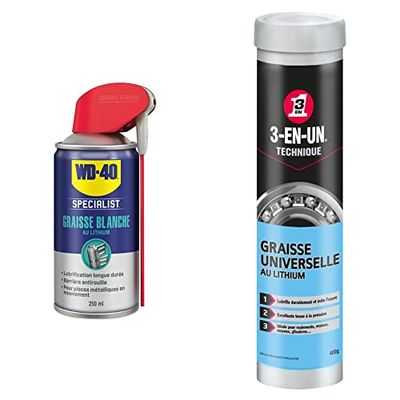 WD-40 Specialist - Graisse Blanche Au Lithium - Spray Double Position - Formule Blanche et épaisse, Gris, 250 ml et 3-EN-UN Technique - Graisse Universelle au Lithium - Forte adhérence - 400 g