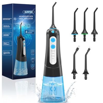 SURFOU Irrigador Dental, Irrigador Bucal Portatil con Batería, 5 Boquillas 4Modos 300ML, IPX7 Impermeable USB Recargable Irrigador Para Viajes y Uso Doméstico