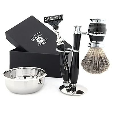 Set di 4 pennelli da barba per capelli di tasso – 3 cartucce rasoio, ciotola da barba e supporto tradizionale kit per uomo