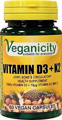 Veganicity Vitamin D3 1500iu (38µg) + K2 (MK-7) 75µg : Vitamin D & K2 Supplement : 60 Vegan Capsules, in a Planet-Friendly 99% Recycled Pot
