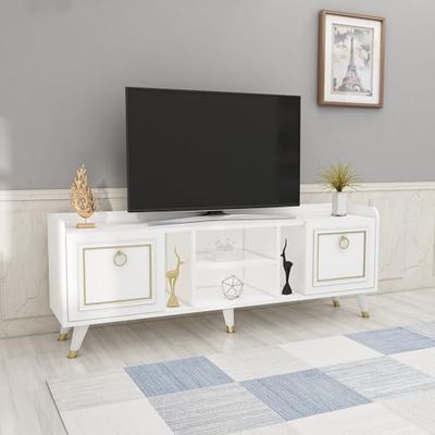 Hanah Home Elegante tv-unit met ijzeren poten, wit en goud, 150 cm x 55 cm x 35 cm, 100% melamine gecoat particle board, 18 mm dik, stijlvol en duurzaam design