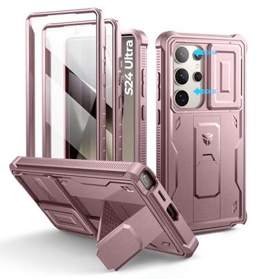 Dexnor Hoesje voor Samsung Galaxy S24 Ultra- Schokbestendig met Camera Cover, Schermbeschermer en Kickstand-Roze