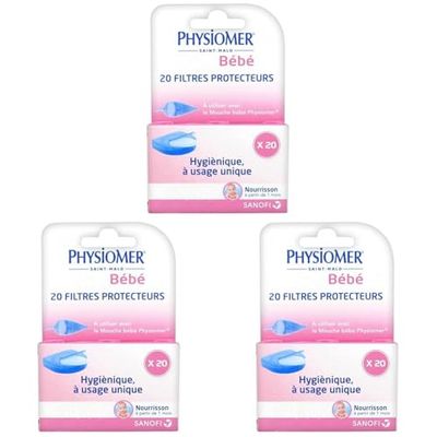 Physiomer Bébé - Dispositif médical - 20 filtres protecteurs - Mouche Bébé Physiomer - Nez Qui coule – Rhume – Rhinopharyngite - Facilite l’élimination du Mucus (Lot de 3)