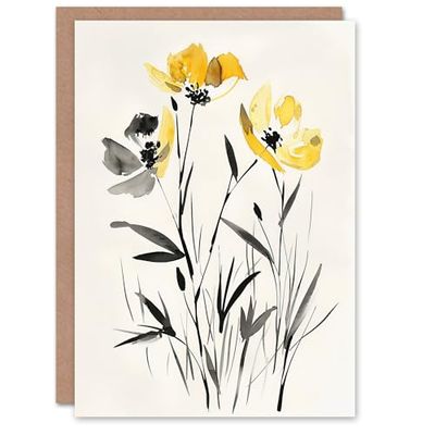 Artery8 Greeting Card Wildflower Blooms Black White Yellow Watercolour For Her Woman Birthday Card