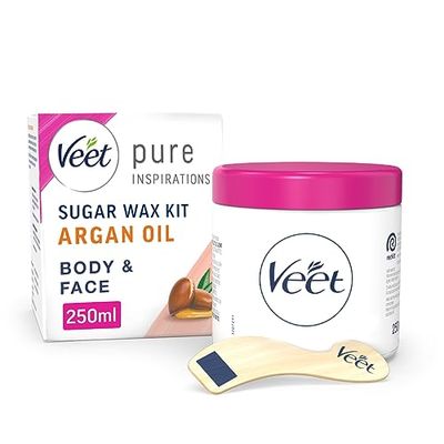 Veet Hot Wax Kit, Argan Oil, 250ml, Sugar Wax Hair Removal Kit, Warm Wax, Facial Hair Remover For Women, Wax Strips, Dermatologist Tested, Smooth Skin, Waxing, Hair Removal