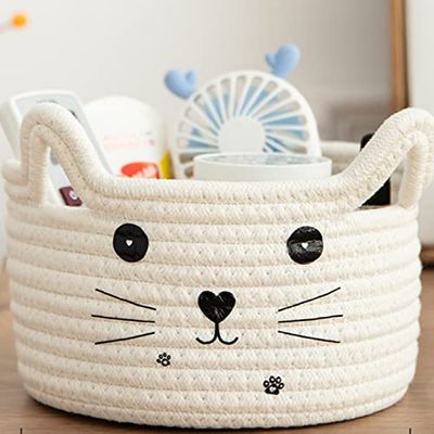 Zopeal Kat-opbergmand, geweven organizer met oren, decoratief huisdierspeelgoed, schattig, katoenen touw, voor cadeaus en katten- en hondenspeelgoed, kinderkamer, wit, 21 x 12 cm